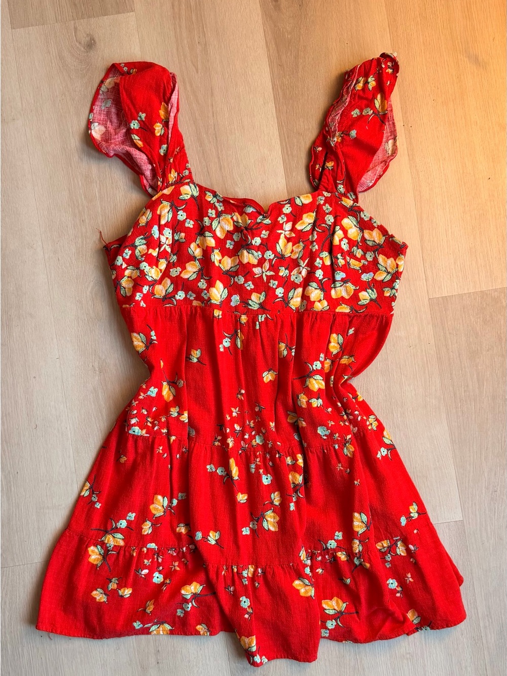 LC Lauren Conrad Red Floral Tiered Sundress with Yellow Accents